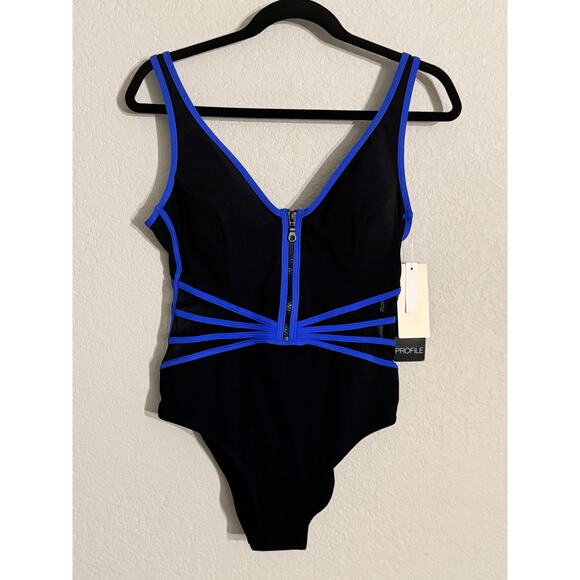 Gottex Grand Prix One Piece Swimsuit |10| Zip Front, Mesh Cutouts, Blue Trim - Picture 1 of 4